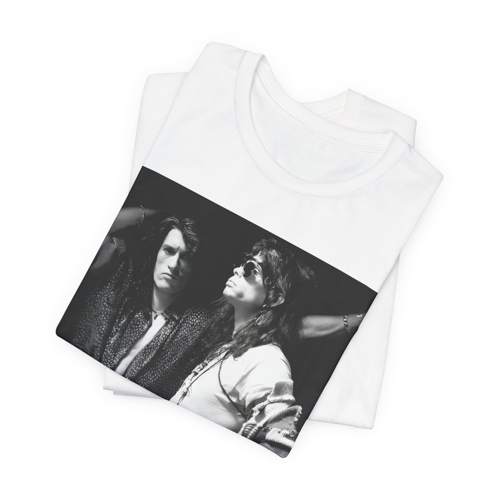 A black graphic t-shirt featuring a dynamic photo or illustration of Aerosmith's Steven Tyler and Joe Perry performing together on stage, highlighting their synergy.