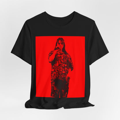 A portrait of Billie Eilish with platinum blonde hair from her 'Happier Than Ever' era, looking over her shoulder, printed on a graphic t-shirt.