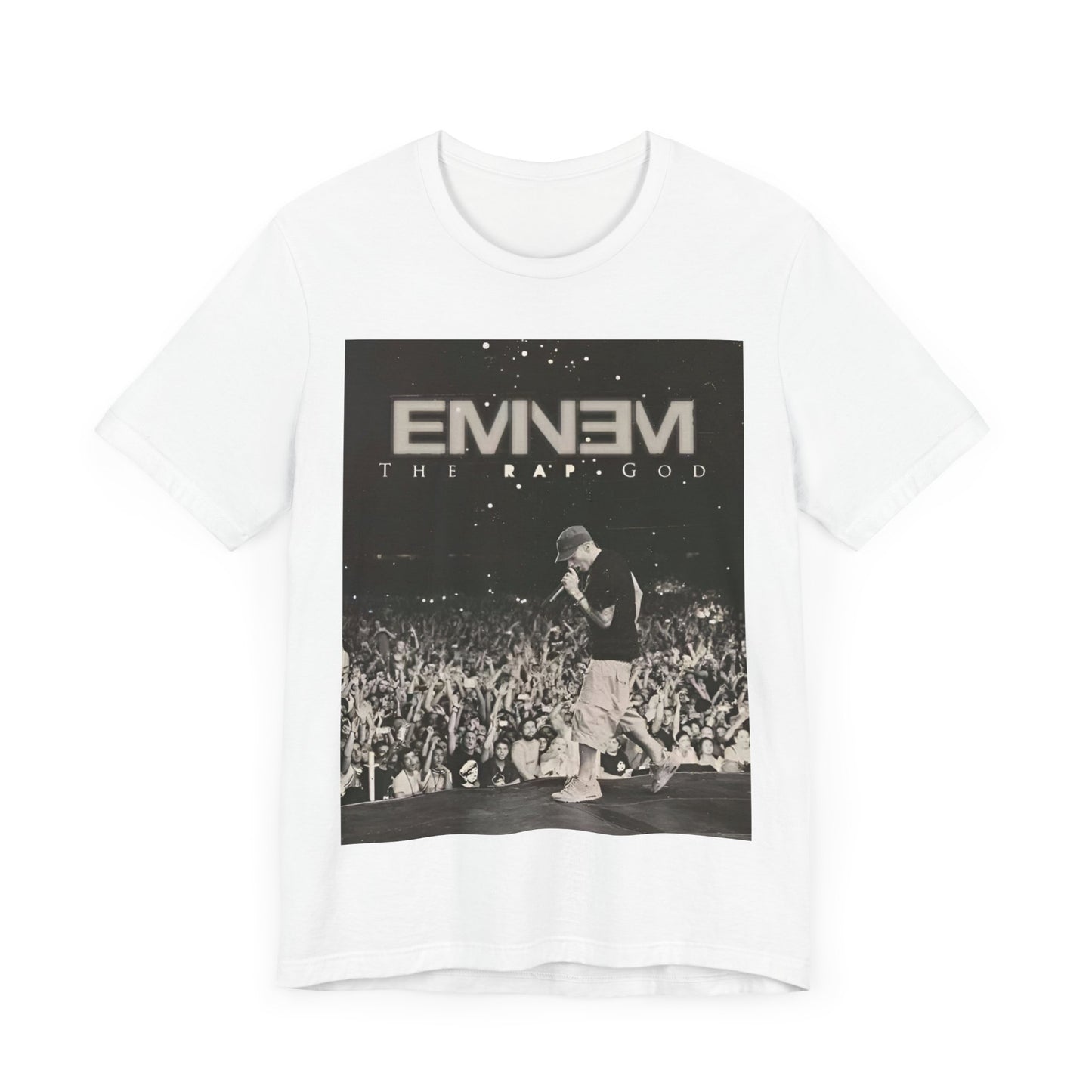 A black graphic t-shirt featuring a graphic or photo of Eminem performing live on tour.