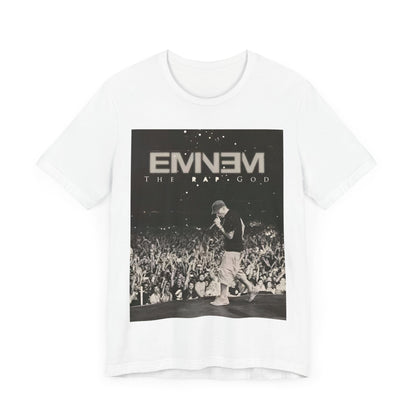 A black graphic t-shirt featuring a graphic or photo of Eminem performing live on tour.