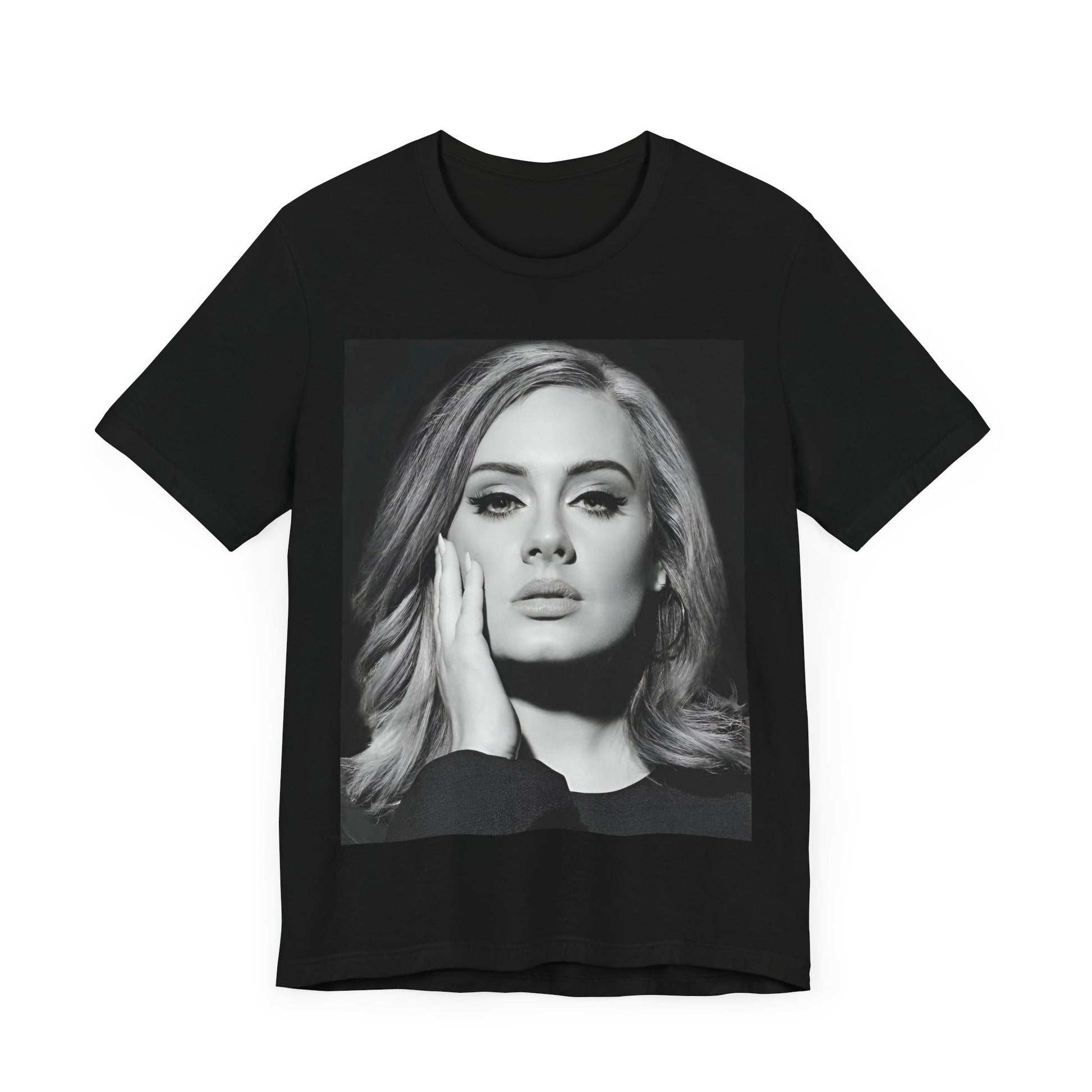 A black graphic t-shirt featuring a studio portrait of Adele from her '25' album era, showing a poised and thoughtful expression with her hair styled elegantly.