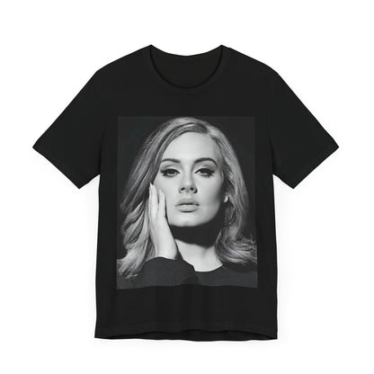 A black graphic t-shirt featuring a studio portrait of Adele from her '25' album era, showing a poised and thoughtful expression with her hair styled elegantly.