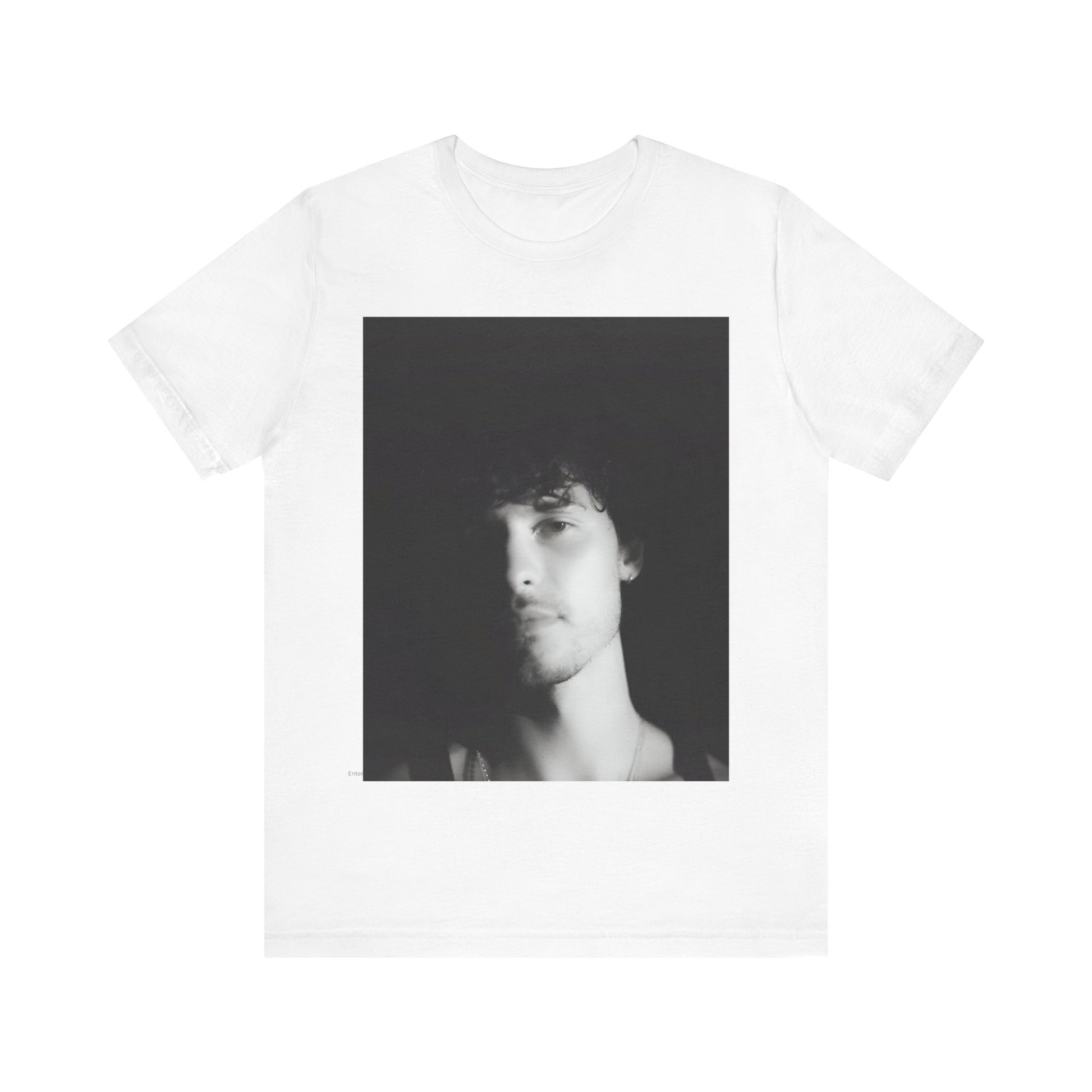 A black graphic t-shirt featuring a black and white portrait photo of Shawn Mendes.