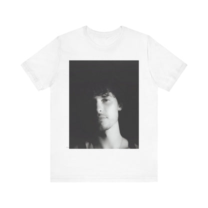 A black graphic t-shirt featuring a black and white portrait photo of Shawn Mendes.