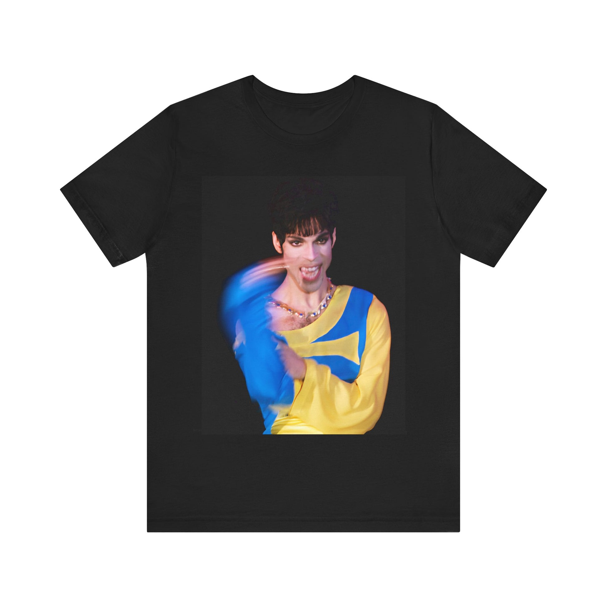 A black graphic t-shirt featuring a graphic related to Prince's 'When Doves Cry' song or era.