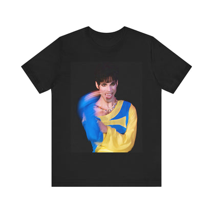A black graphic t-shirt featuring a graphic related to Prince's 'When Doves Cry' song or era.