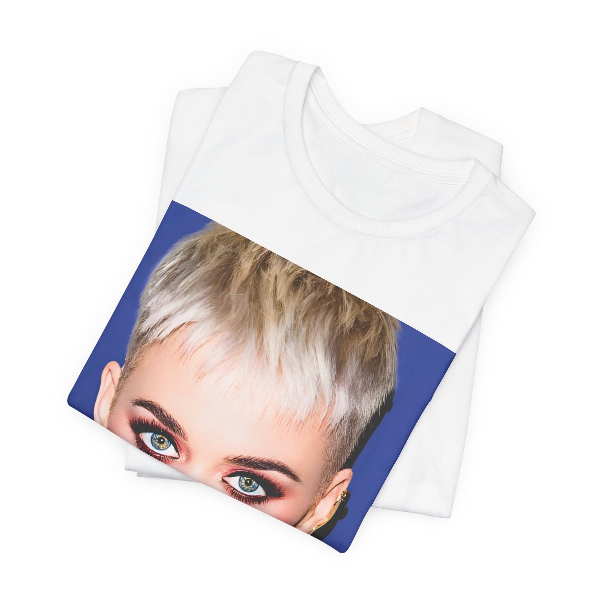 A black graphic t-shirt featuring a graphic of Katy Perry as a global pop phenomenon.