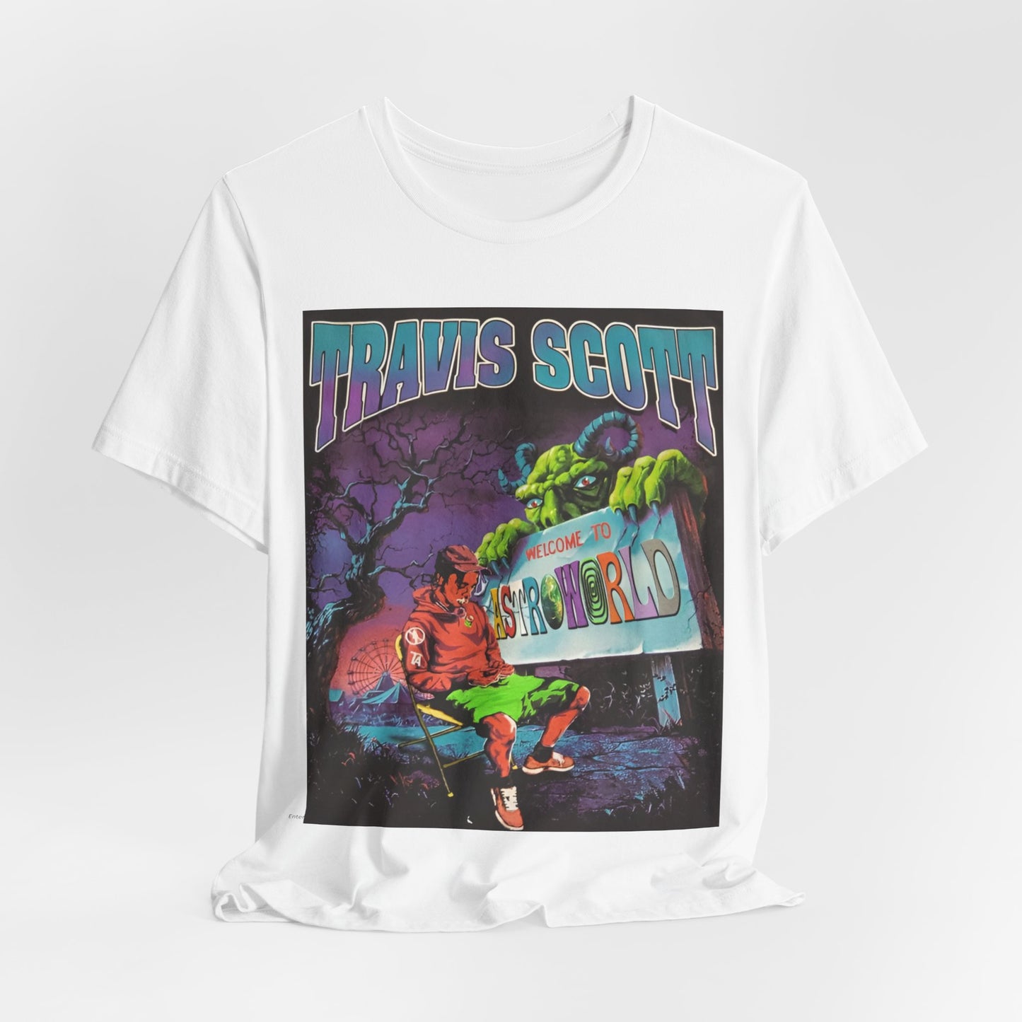 A black graphic t-shirt featuring a vintage graphic related to Travis Scott's Astroworld album.