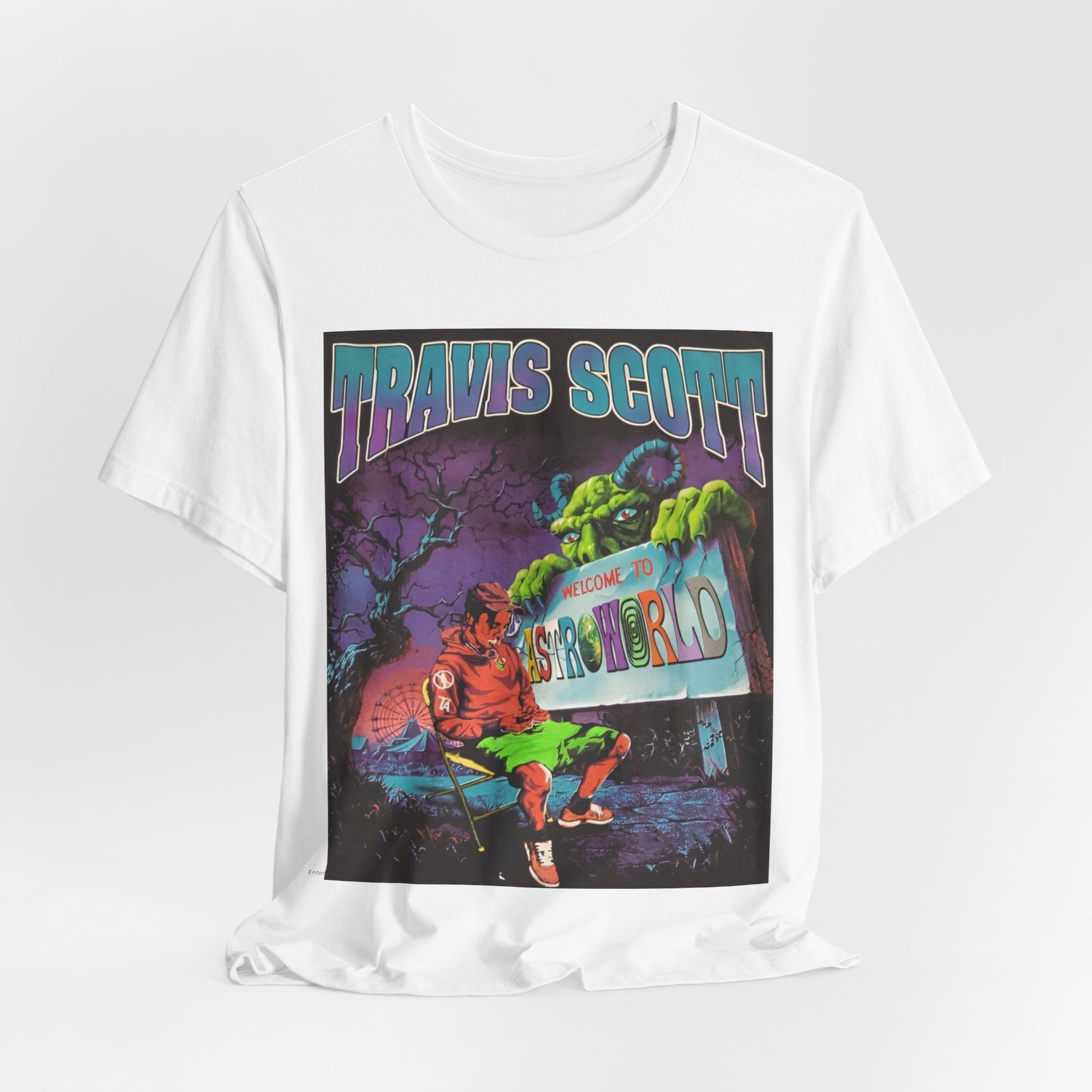 A black graphic t-shirt featuring a vintage graphic related to Travis Scott's Astroworld album.