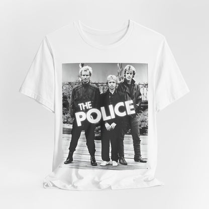 A black graphic t-shirt featuring an 80s pop rock aesthetic black and white graphic of The Police.