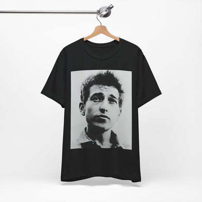 A black graphic t-shirt featuring a retro black and white folk iconic graphic of Bob Dylan.