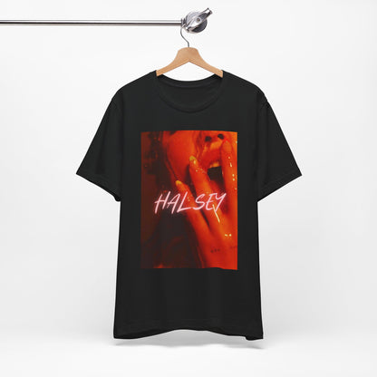 A black graphic t-shirt featuring a retro graphic related to Halsey's 'Without Me' song or era.