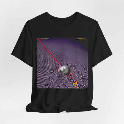 A black graphic t-shirt featuring a graphic related to Tame Impala's 'Currents' album.