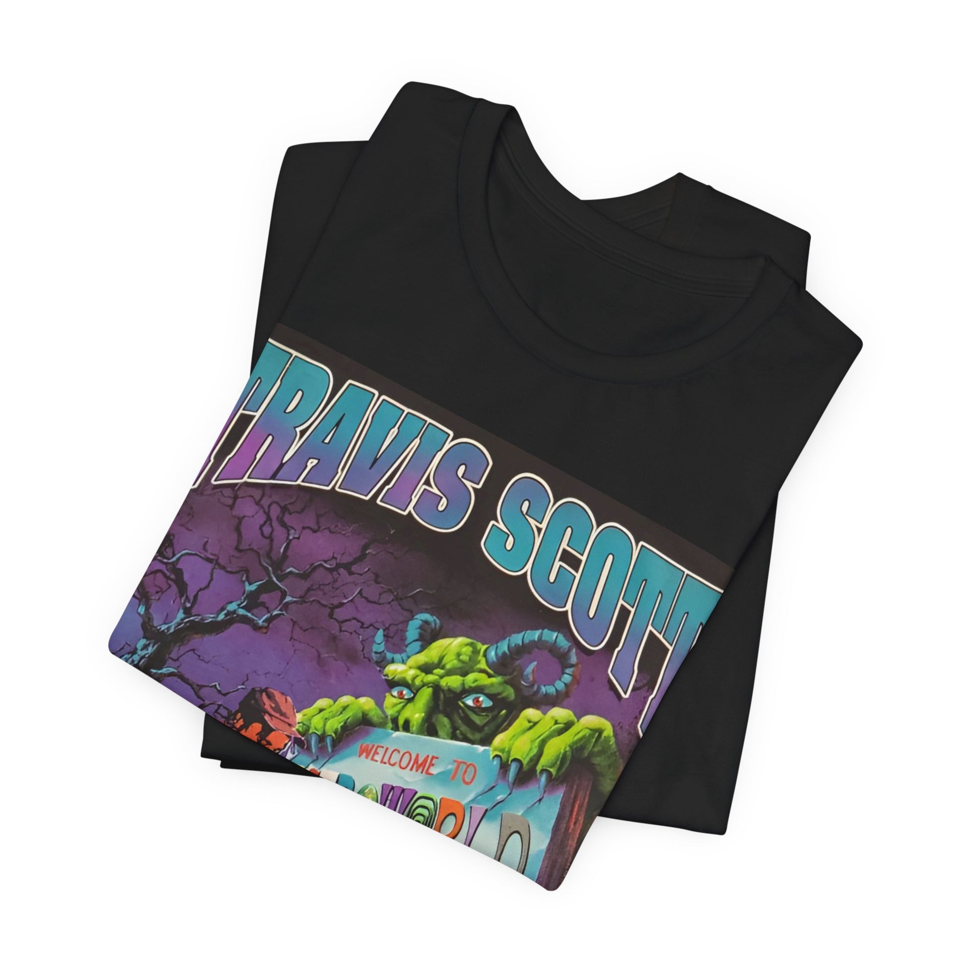 A black graphic t-shirt featuring a vintage graphic related to Travis Scott's Astroworld album.