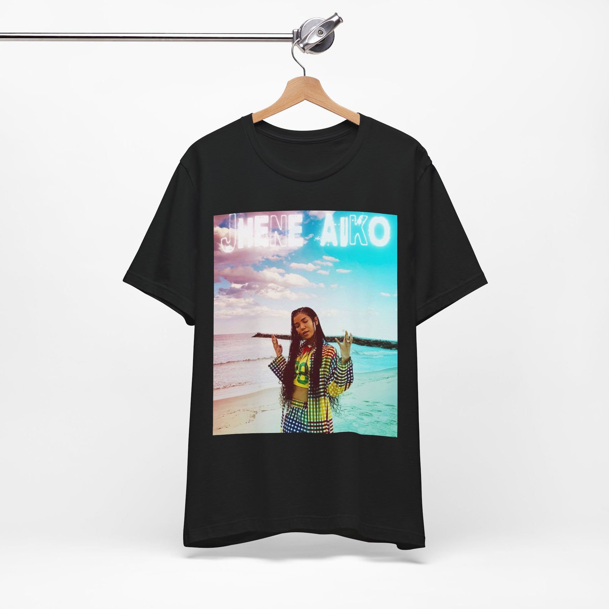 A black graphic t-shirt featuring a vintage ethereal R&B graphic of Jhene Aiko.