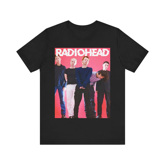 A black graphic t-shirt featuring a 90s alternative aesthetic graphic of Radiohead.