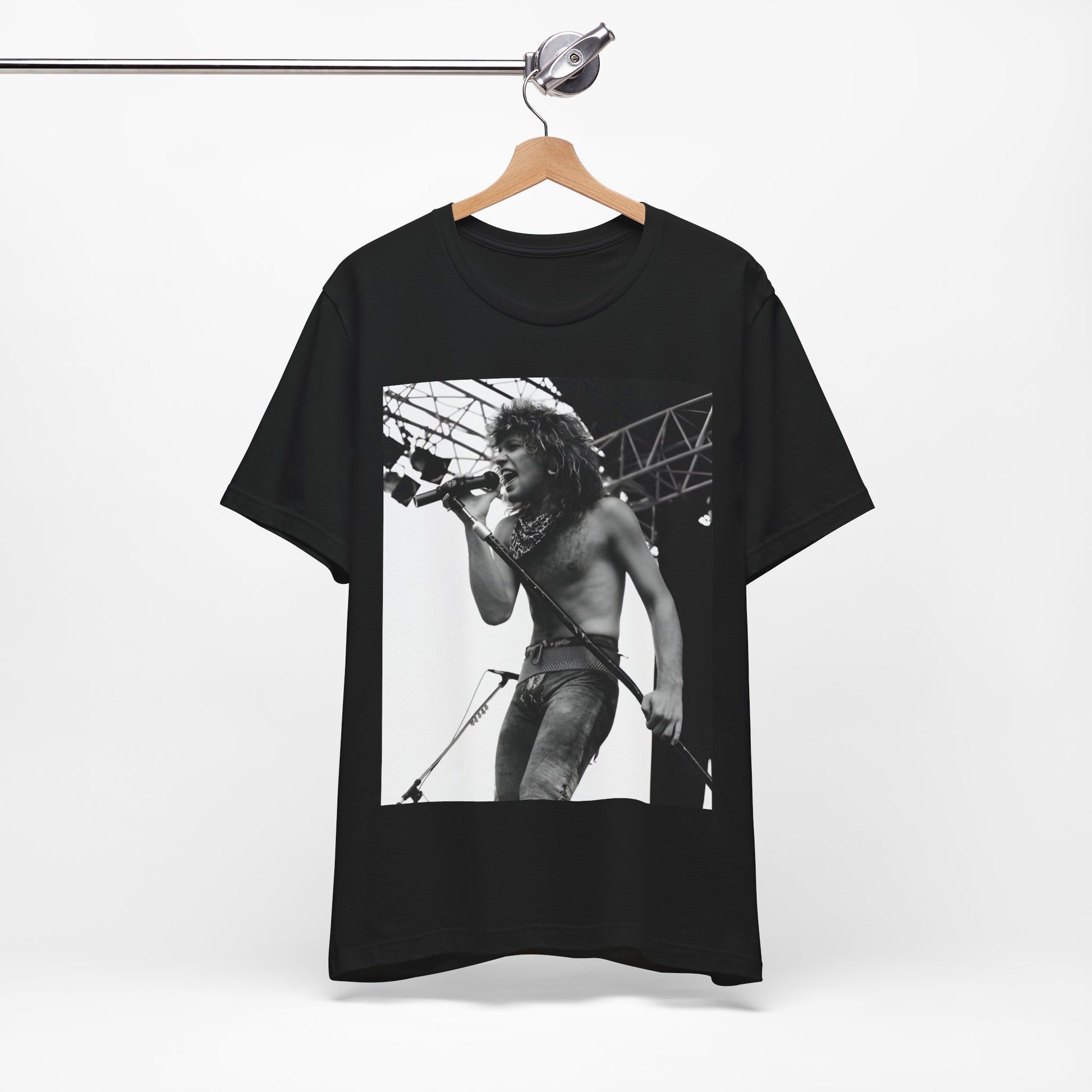 A black graphic t-shirt featuring a retro tour graphic for Bon Jovi's '88 tour.
