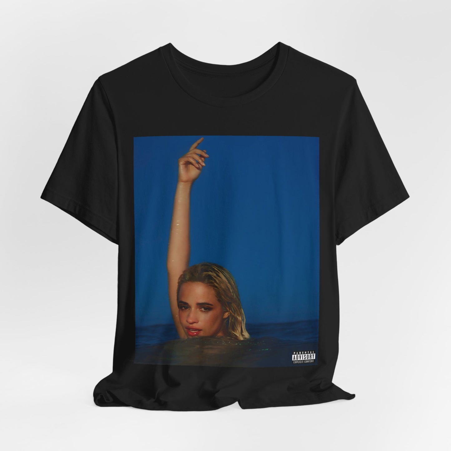 A black graphic t-shirt featuring a graphic related to Camila Cabello's C,XOXO album.
