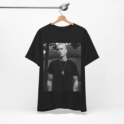 A black graphic t-shirt featuring a black and white graphic of Eminem as Slim Shady.