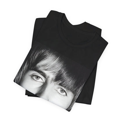 A black graphic t-shirt featuring a 90s portrait photo of Liam Gallagher from Oasis.