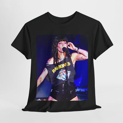 A black graphic t-shirt featuring a vintage graphic of Halsey as a pop rebel on stage.