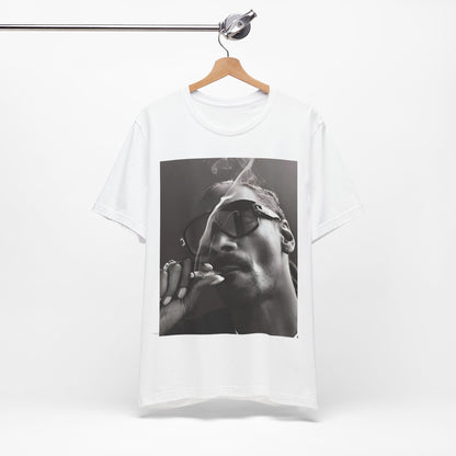 A black graphic t-shirt featuring an iconic black and white shaded portrait graphic of Snoop Dogg.