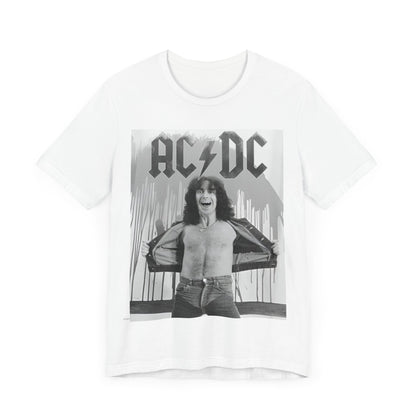 A vintage-style graphic of AC/DC's original frontman, Bon Scott, printed on a t-shirt.