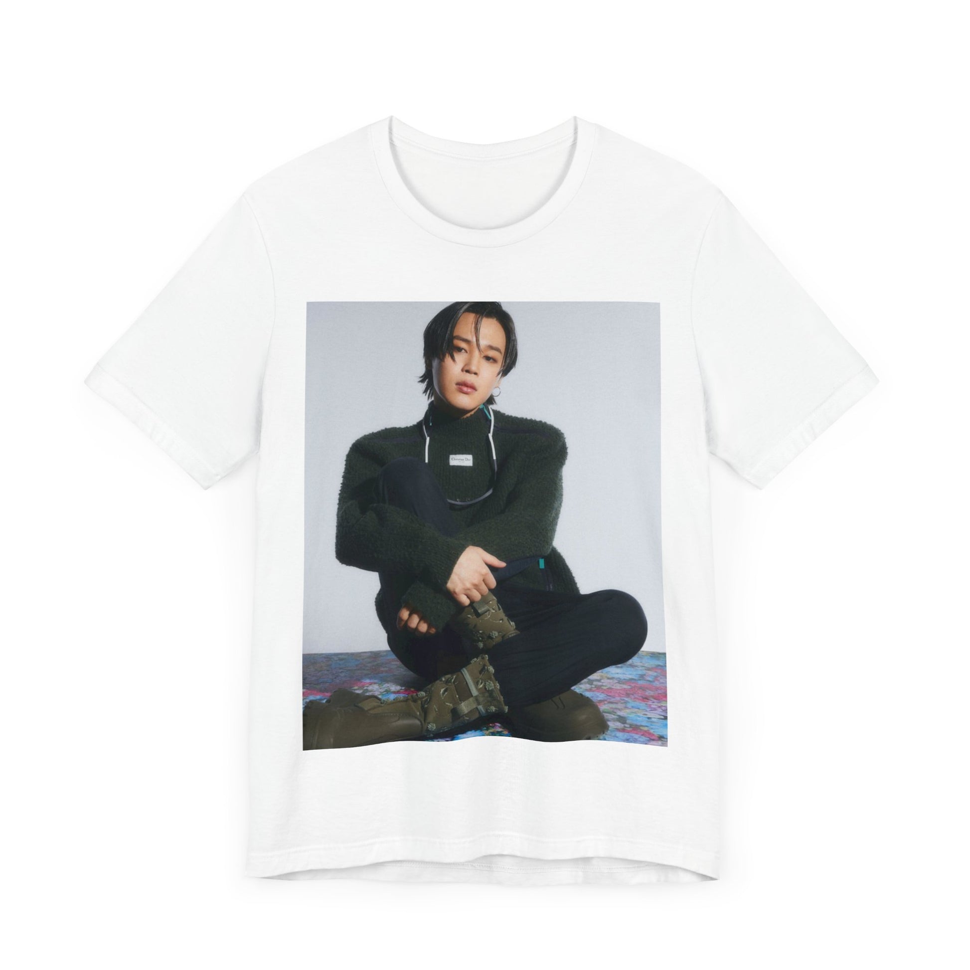A black graphic t-shirt featuring a modern K-Pop essential graphic of Jimin.