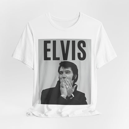 A black graphic t-shirt featuring a retro graphic of Elvis Presley as a 'Rebel With A Cause.'