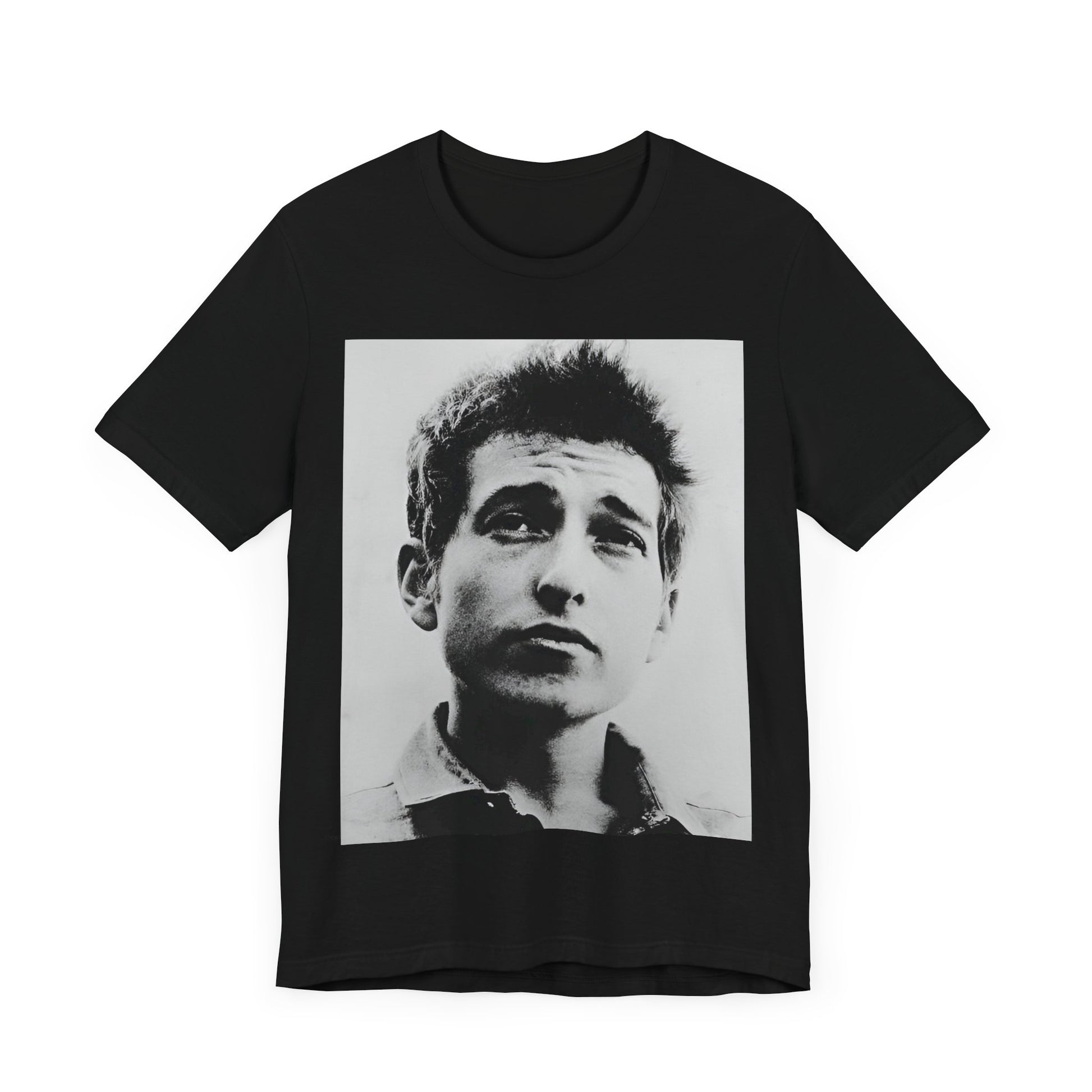 A black graphic t-shirt featuring a retro black and white folk iconic graphic of Bob Dylan.