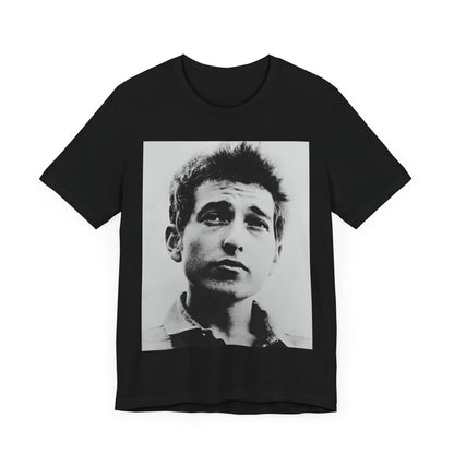 A black graphic t-shirt featuring a retro black and white folk iconic graphic of Bob Dylan.