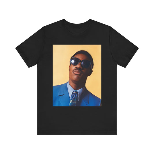 A black graphic t-shirt featuring a vintage graphic related to Stevie Wonder's 'Superstition' song or era.