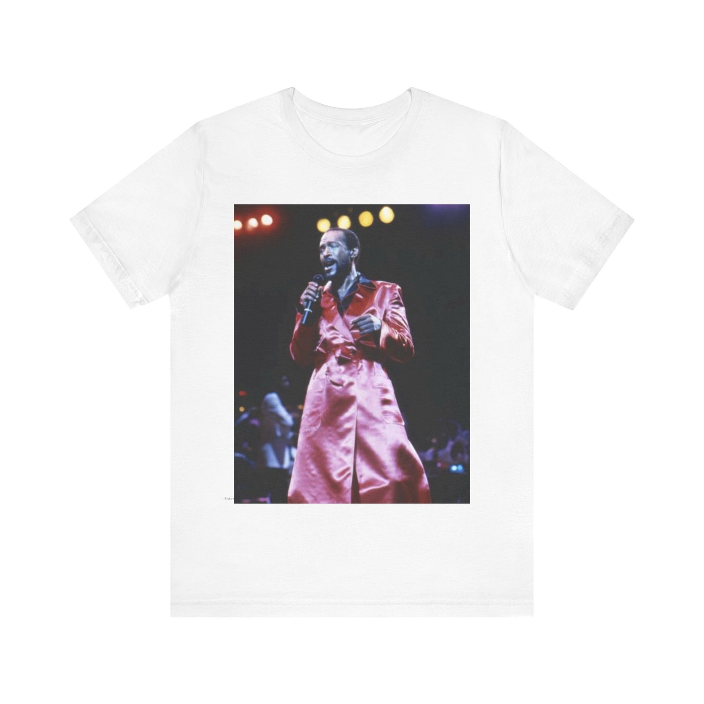 A black graphic t-shirt featuring a vintage graphic or photo of Marvin Gaye performing live.