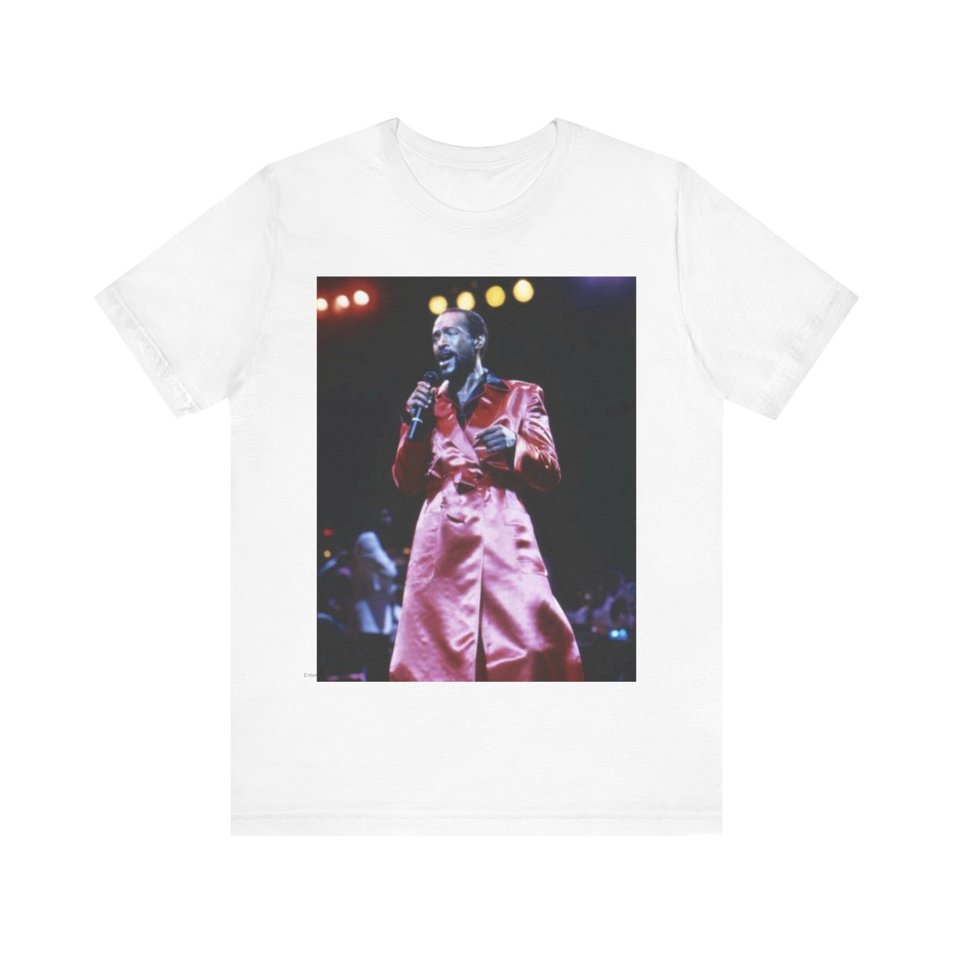 A black graphic t-shirt featuring a vintage graphic or photo of Marvin Gaye performing live.