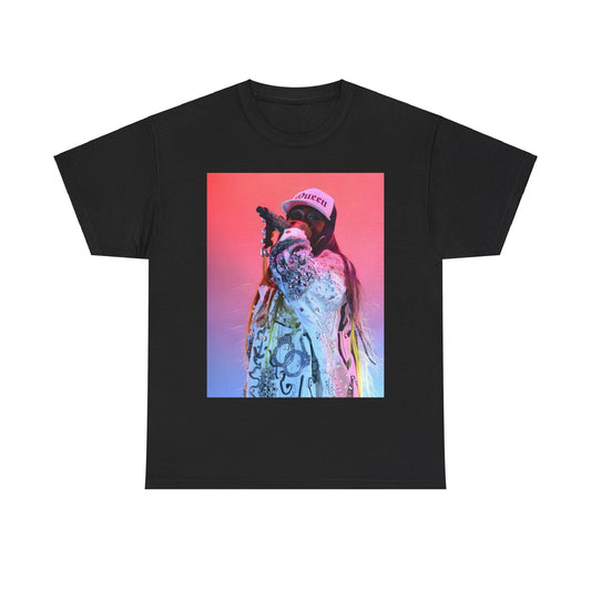 A black graphic t-shirt featuring a graphic of Missy Elliott as a fearless performer.