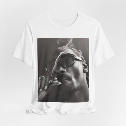 A black graphic t-shirt featuring an iconic black and white shaded portrait graphic of Snoop Dogg.
