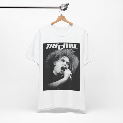 A black graphic t-shirt featuring a graphic of The Cure with a dark romanticism core aesthetic.