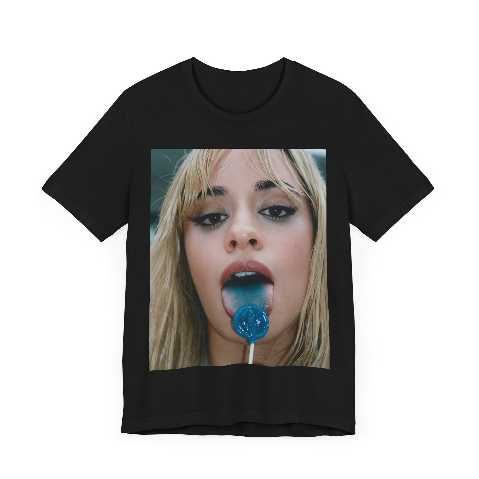 A black graphic t-shirt featuring a graphic related to Camila Cabello's C,XOXO album, with an aesthetic design.