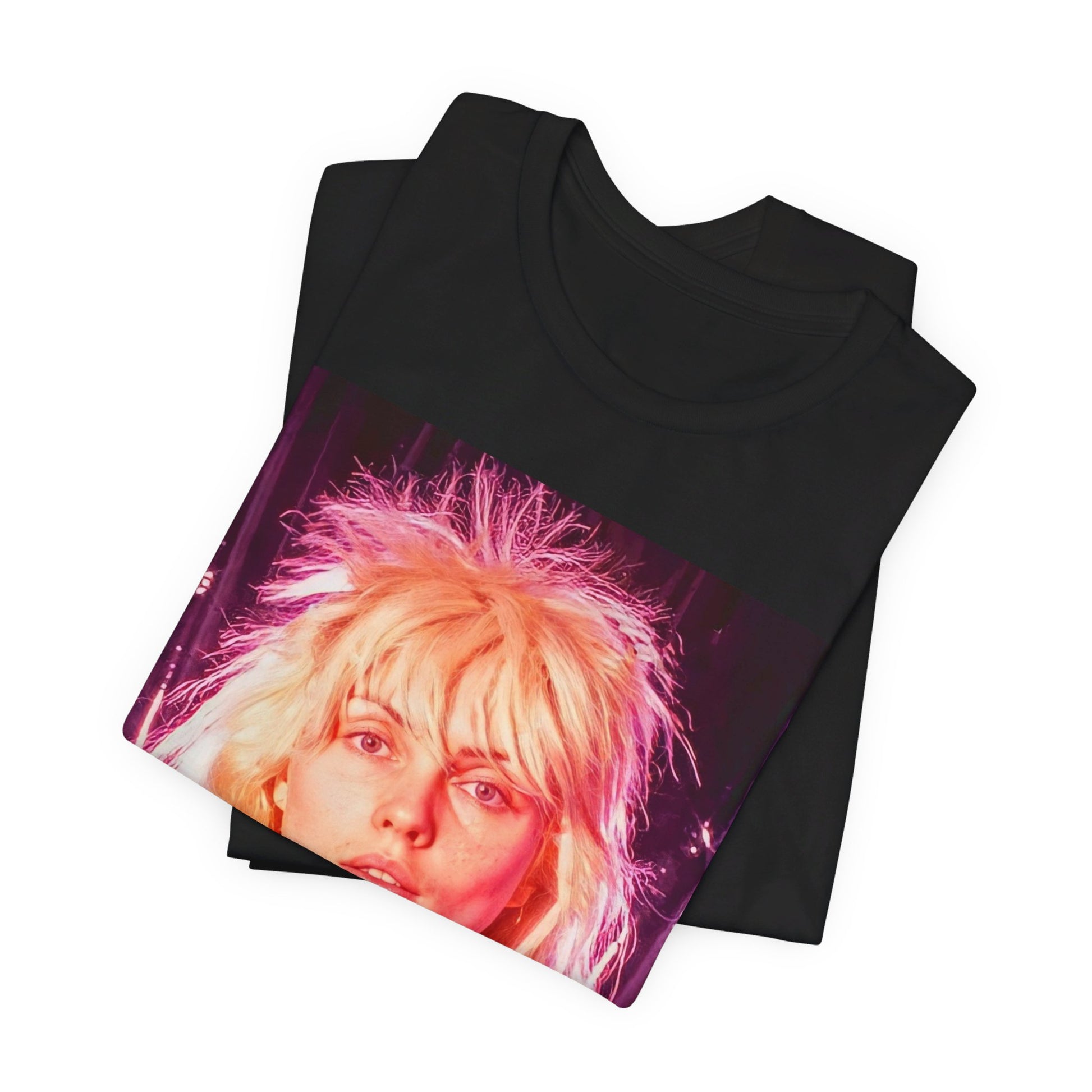A black graphic t-shirt featuring a neon-style graphic of Blondie with a punk attitude.