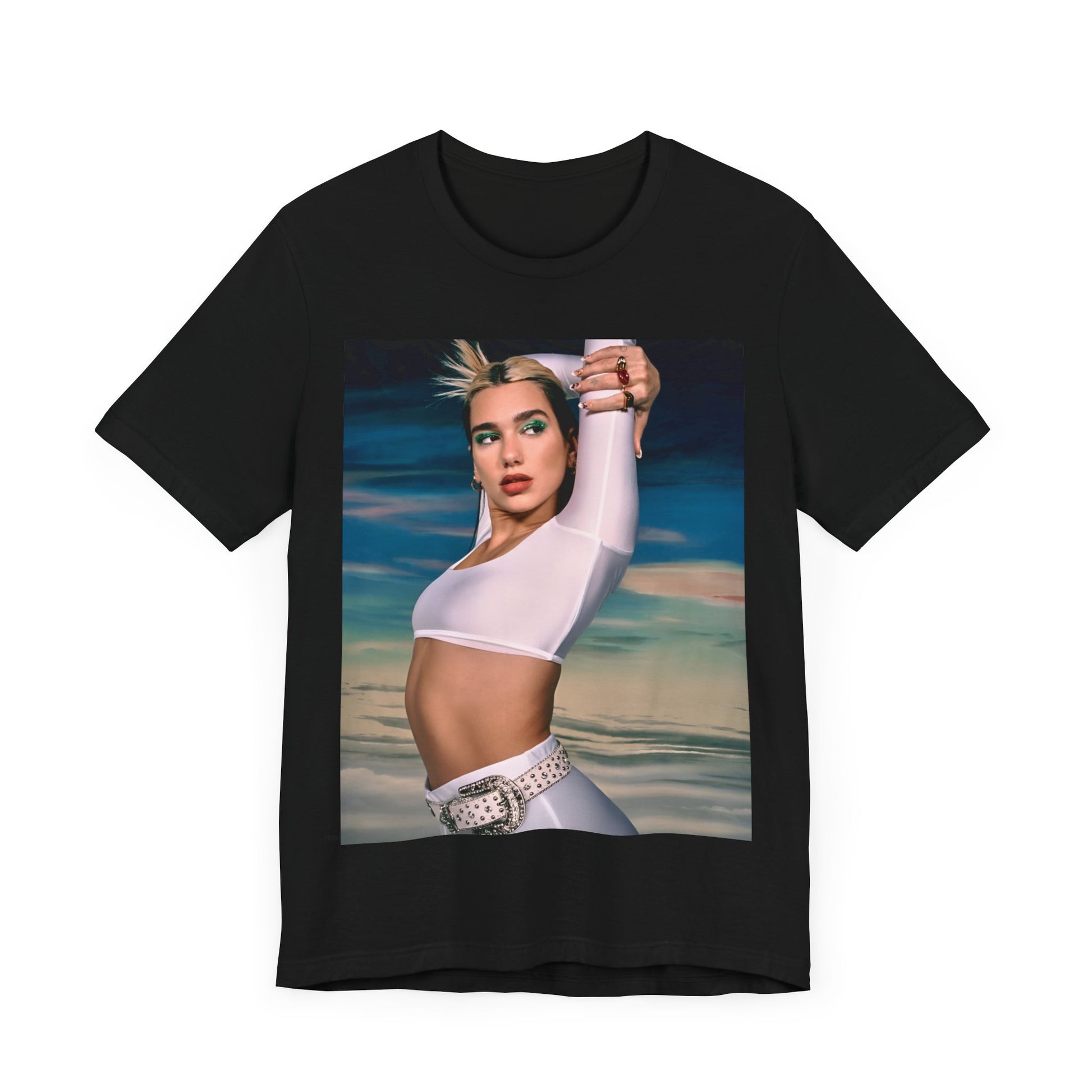 A black graphic t-shirt featuring a stylized graphic of Dua Lipa as a modern pop sensation.