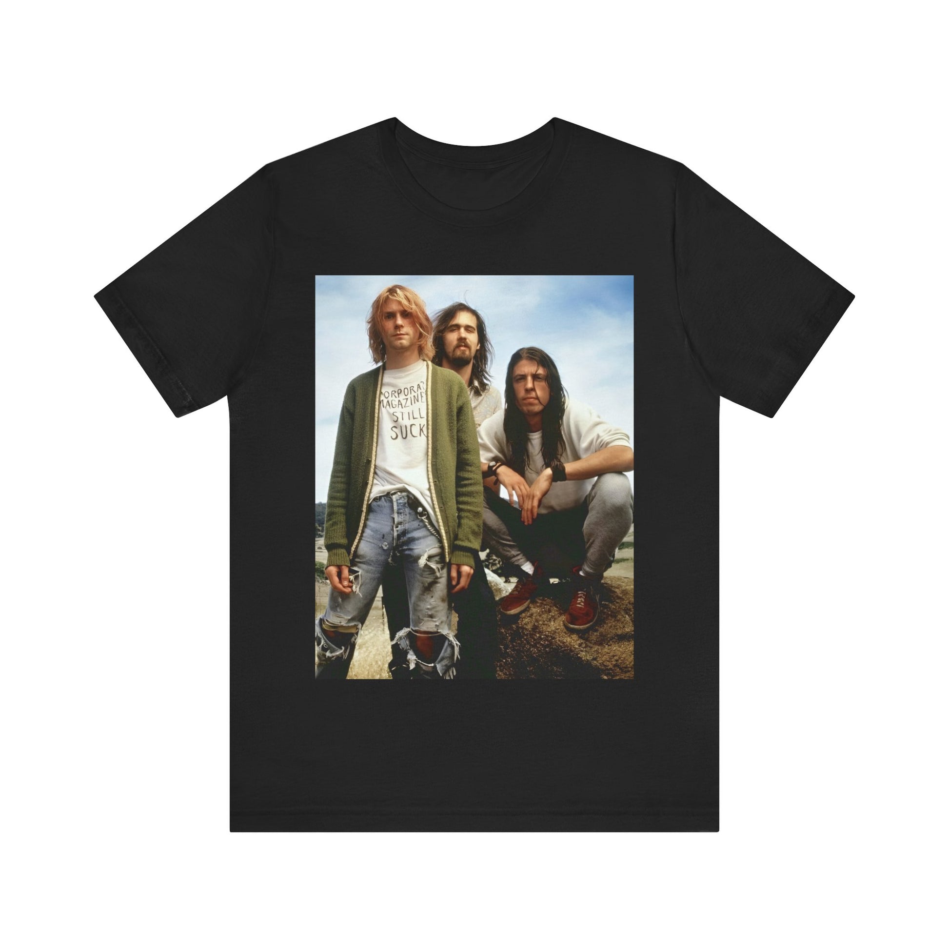 A black graphic t-shirt featuring a bold graphic of Nirvana as grunge superstars.