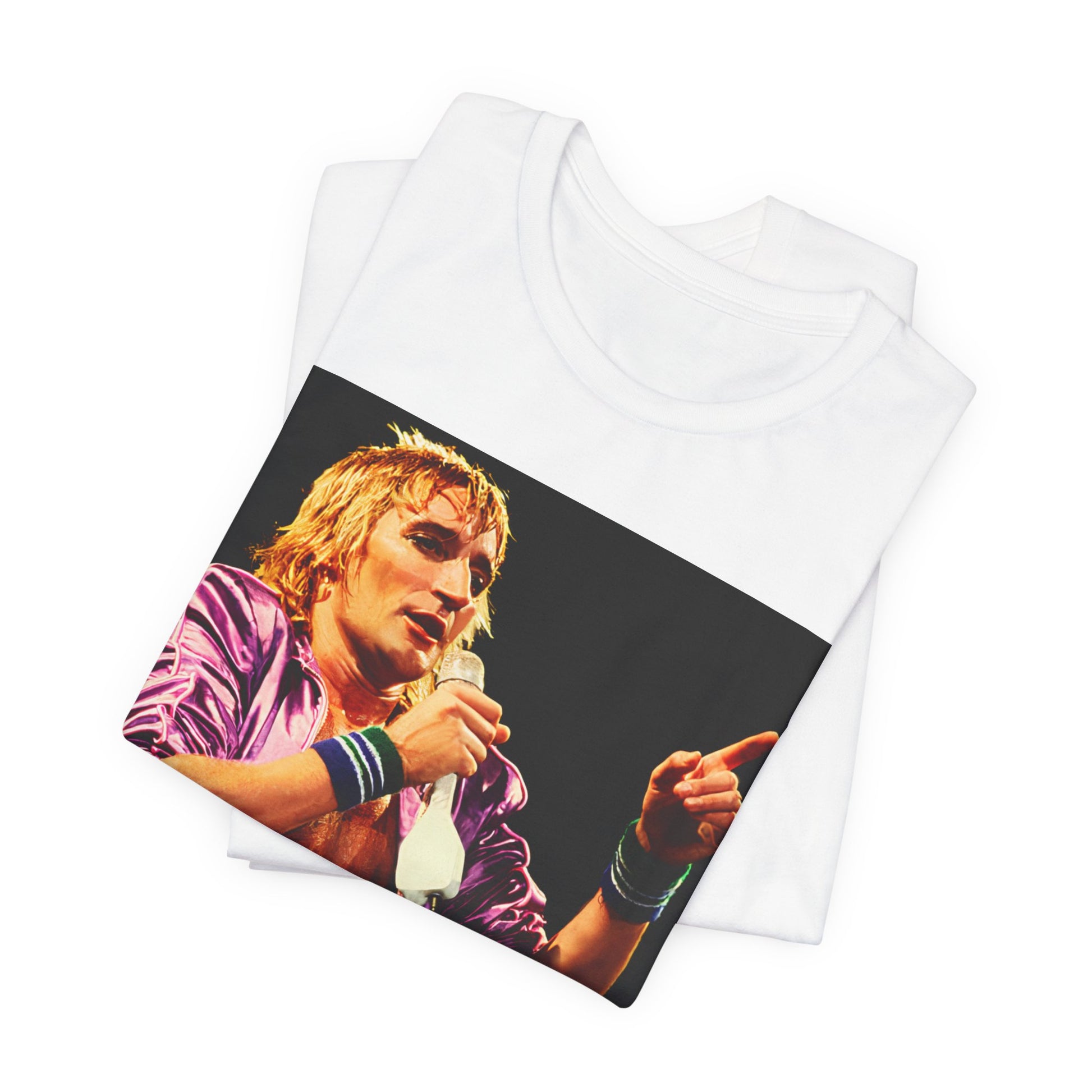 A black graphic t-shirt featuring a graphic of Rod Stewart with a chill 70s rock aesthetic.