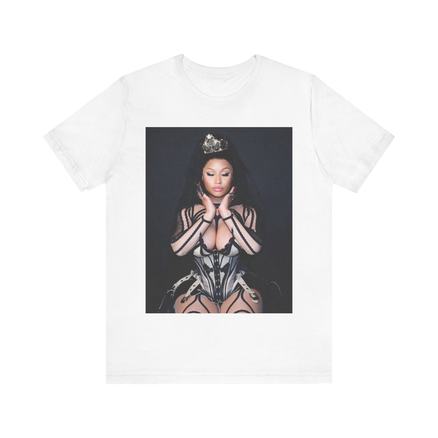 A black graphic t-shirt featuring a vintage graphic of Nicki Minaj as the Queen of Rap.