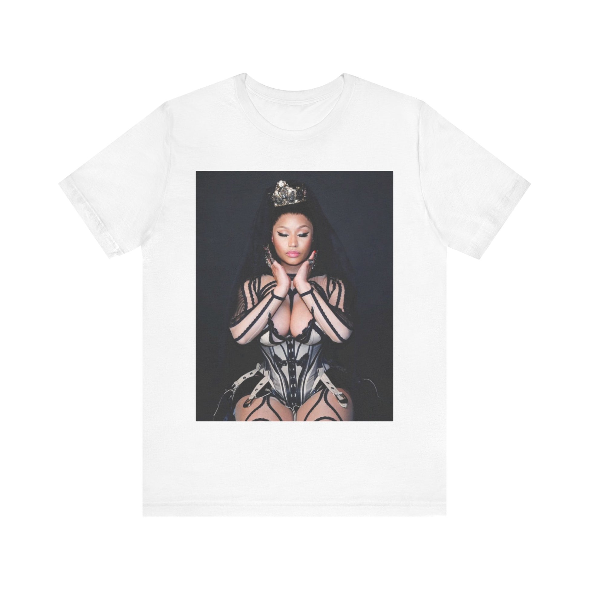 A black graphic t-shirt featuring a vintage graphic of Nicki Minaj as the Queen of Rap.