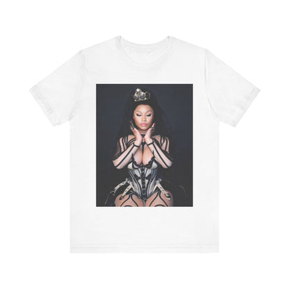 A black graphic t-shirt featuring a vintage graphic of Nicki Minaj as the Queen of Rap.