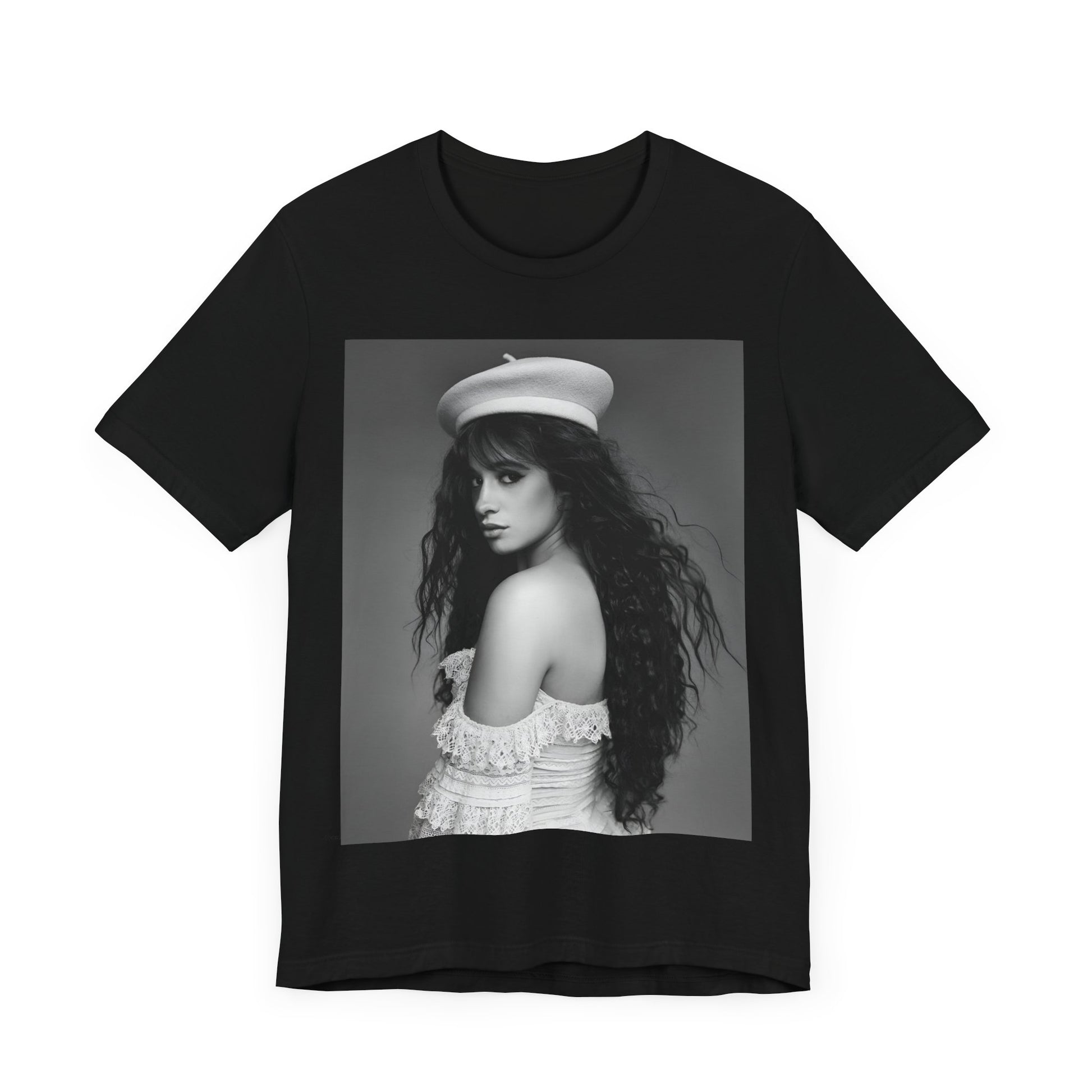 A black graphic t-shirt featuring a black and white graphic of Camila Cabello as a fierce Latina pop star.