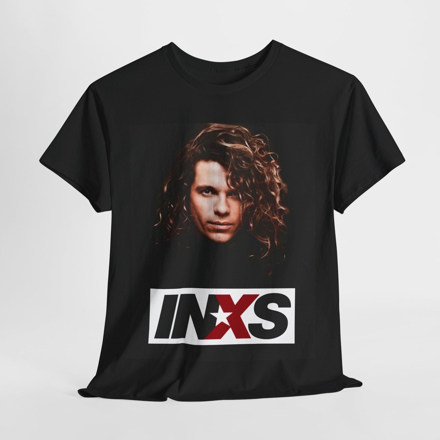 A black graphic t-shirt featuring a graphic of Michael Hutchence from INXS as a frontman legend.