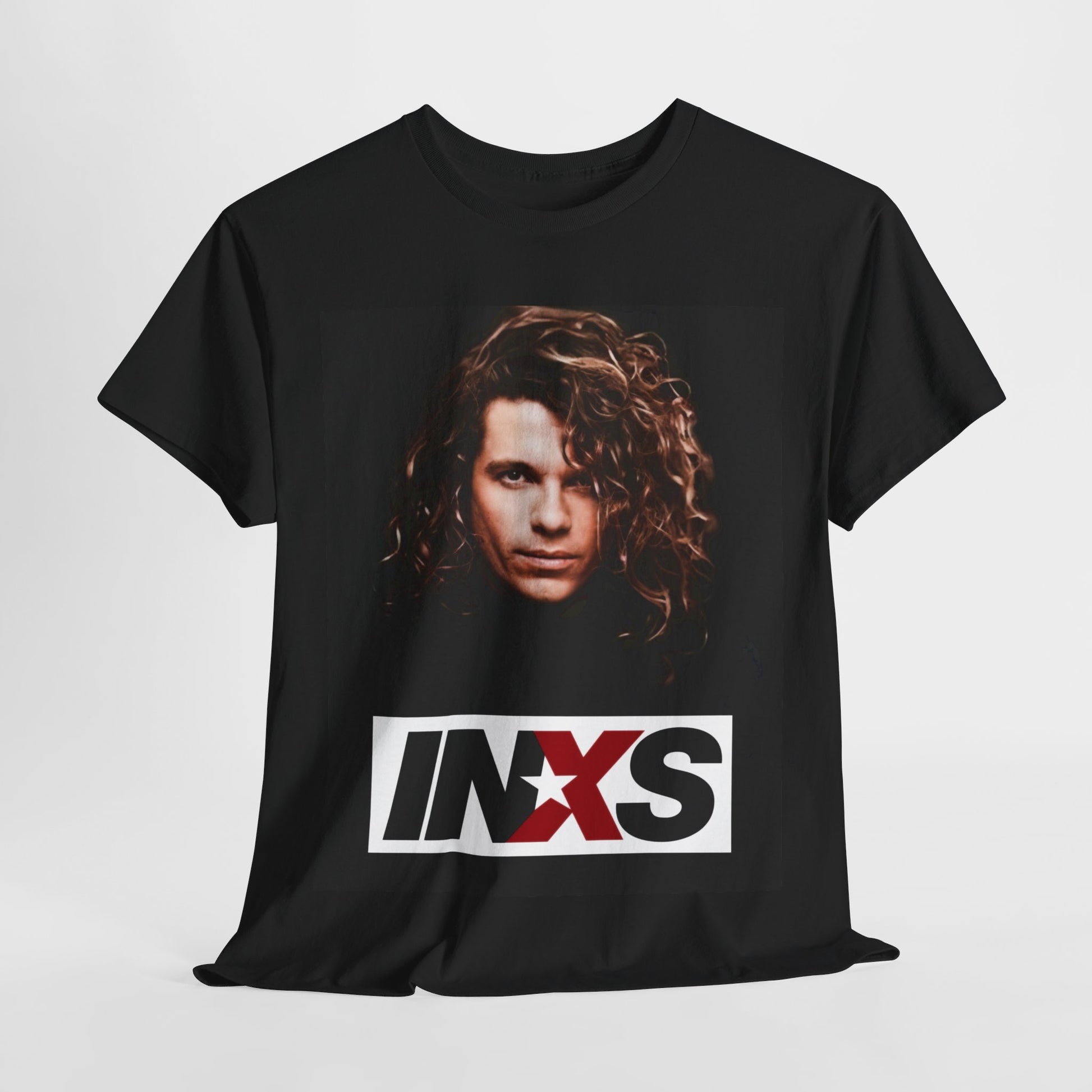 A black graphic t-shirt featuring a graphic of Michael Hutchence from INXS as a frontman legend.