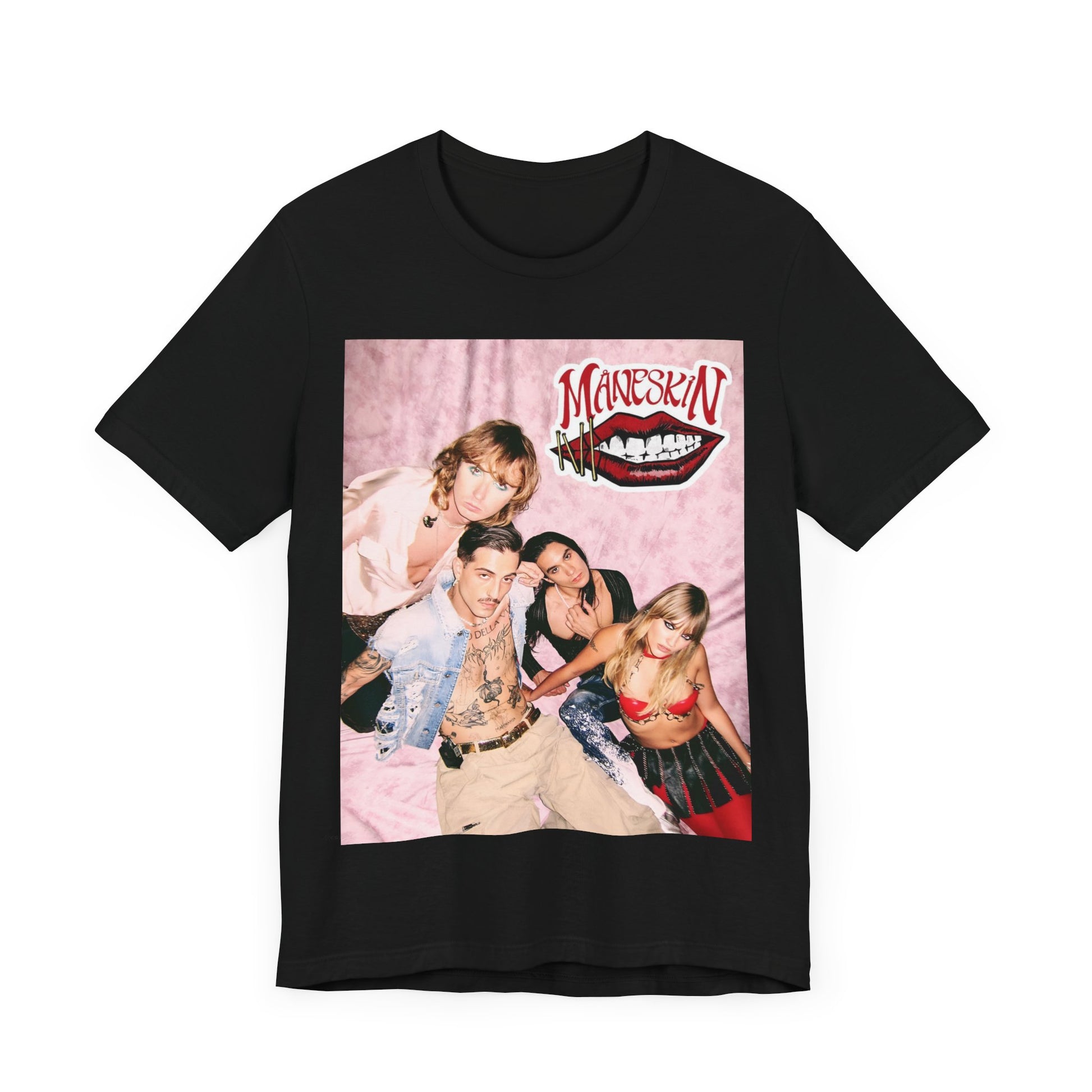 A black graphic t-shirt featuring a graphic related to Maneskin's 'I Wanna Be Your Slave' song or era.