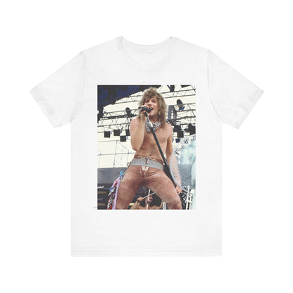 A black graphic t-shirt featuring a dynamic graphic or photo of Bon Jovi performing live on stage with a fierce intensity.
